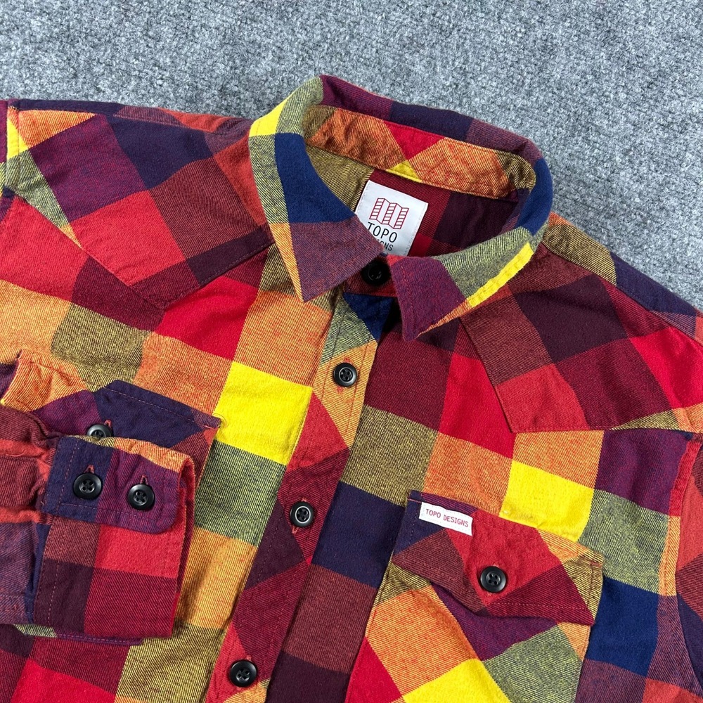 Topo‎ Designs Flannel Shirt Mens Medium Red Yellow Blue Plaid Western Outdoor